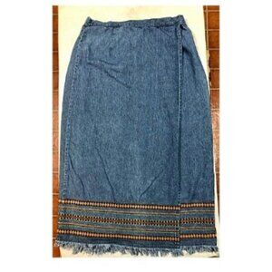 Vintage Sz Large Western Faux Wrap Skirt Embroidered Blue Jean Denim & Co